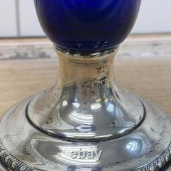 Sheffield Silver Co Sterling & Cobalt Blue Glass Trumpet Vases Pair Vintage