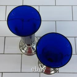Sheffield Silver Co Sterling & Cobalt Blue Glass Trumpet Vases Pair Vintage Sheffield Silver Co Sterling & Cobalt Blue Glass Trumpet Vases Pair Vintage