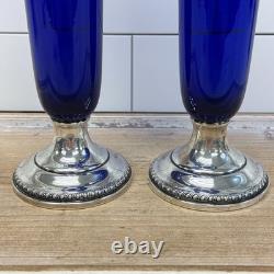 Sheffield Silver Co Sterling & Cobalt Blue Glass Trumpet Vases Pair Vintage