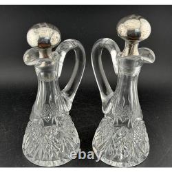 Shreve & Co Sterling Silver Cruet Decanter Set of 2 Hammered Top, Cut Glass