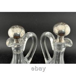 Shreve & Co Sterling Silver Cruet Decanter Set of 2 Hammered Top, Cut Glass