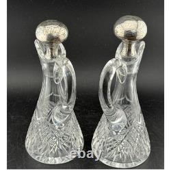 Shreve & Co Sterling Silver Cruet Decanter Set of 2 Hammered Top, Cut Glass
