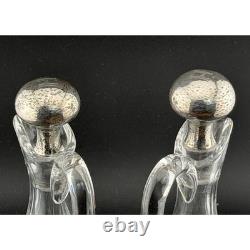 Shreve & Co Sterling Silver Cruet Decanter Set of 2 Hammered Top, Cut Glass