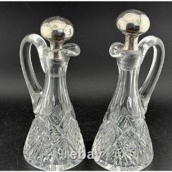Shreve & Co Sterling Silver Cruet Decanter Set of 2 Hammered Top, Cut Glass