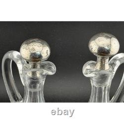Shreve & Co Sterling Silver Cruet Decanter Set of 2 Hammered Top, Cut Glass