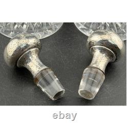 Shreve & Co Sterling Silver Cruet Decanter Set of 2 Hammered Top, Cut Glass
