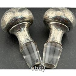 Shreve & Co Sterling Silver Cruet Decanter Set of 2 Hammered Top, Cut Glass