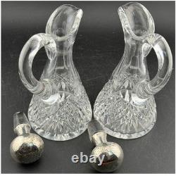 Shreve & Co Sterling Silver Cruet Decanter Set of 2 Hammered Top, Cut Glass