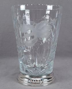 Signed Hawkes Iris Pattern American Brilliant Cut Glass & Sterling Silver Vase