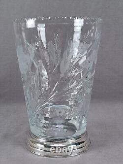 Signed Hawkes Iris Pattern American Brilliant Cut Glass & Sterling Silver Vase