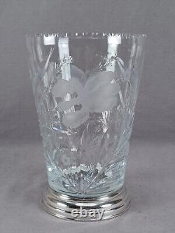 Signed Hawkes Iris Pattern American Brilliant Cut Glass & Sterling Silver Vase