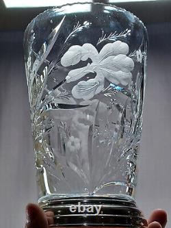 Signed Hawkes Iris Pattern American Brilliant Cut Glass & Sterling Silver Vase