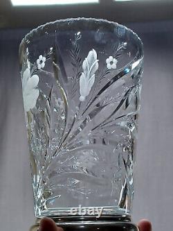 Signed Hawkes Iris Pattern American Brilliant Cut Glass & Sterling Silver Vase