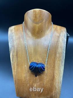 Signed Iridescent Art Glass Blue Heart Pendant HUGE With Sterling Silver necklace Signed Iridescent Art Glass Blue Heart Pendant HUGE With Sterling Silver necklace