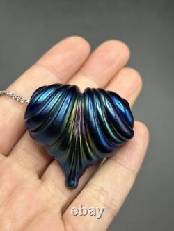 Signed Iridescent Art Glass Blue Heart Pendant HUGE With Sterling Silver necklace Signed Iridescent Art Glass Blue Heart Pendant HUGE With Sterling Silver necklace