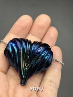 Signed Iridescent Art Glass Blue Heart Pendant HUGE With Sterling Silver necklace Signed Iridescent Art Glass Blue Heart Pendant HUGE With Sterling Silver necklace