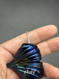 Signed Iridescent Art Glass Blue Heart Pendant HUGE With Sterling Silver necklace Signed Iridescent Art Glass Blue Heart Pendant HUGE With Sterling Silver necklace