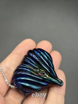 Signed Iridescent Art Glass Blue Heart Pendant HUGE With Sterling Silver necklace Signed Iridescent Art Glass Blue Heart Pendant HUGE With Sterling Silver necklace