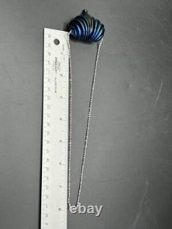 Signed Iridescent Art Glass Blue Heart Pendant HUGE With Sterling Silver necklace Signed Iridescent Art Glass Blue Heart Pendant HUGE With Sterling Silver necklace