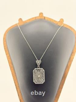 Signed Sterling Silver Diamond & Art Deco Filigree Camphor Glass Necklace
