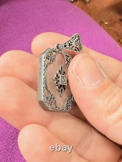 Signed Sterling Silver Diamond & Art Deco Filigree Camphor Glass Necklace