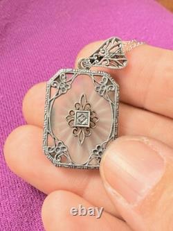 Signed Sterling Silver Diamond & Art Deco Filigree Camphor Glass Necklace