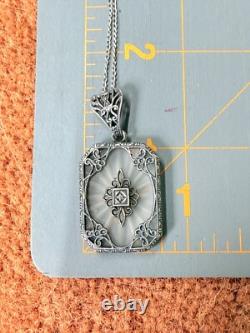 Signed Sterling Silver Diamond & Art Deco Filigree Camphor Glass Necklace
