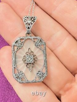 Signed Sterling Silver Diamond & Art Deco Filigree Camphor Glass Necklace