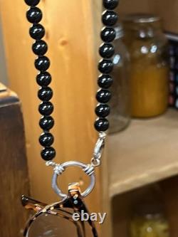 Signed The Loop Sterling Silver Eyeglass Holder Necklace Black Glass Beads
