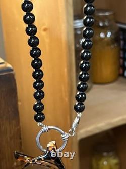 Signed The Loop Sterling Silver Eyeglass Holder Necklace Black Glass Beads