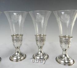 Six Sterling Silver Cups With Etched Crystal Glass Inserts 7oz 6-1/2 High