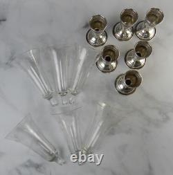 Six Sterling Silver Cups With Etched Crystal Glass Inserts 7oz 6-1/2 High