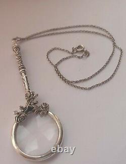 Solid Silver Ladies French Style Magnifying Glass, Antique, Silver Chain