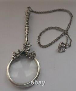 Solid Silver Ladies French Style Magnifying Glass, Antique, Silver Chain