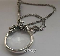 Solid Silver Ladies French Style Magnifying Glass, Antique, Silver Chain