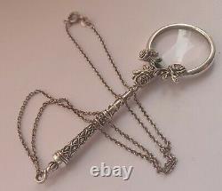 Solid Silver Ladies French Style Magnifying Glass, Antique, Silver Chain