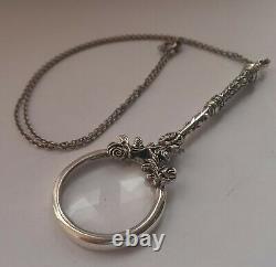 Solid Silver Ladies French Style Magnifying Glass, Antique, Silver Chain