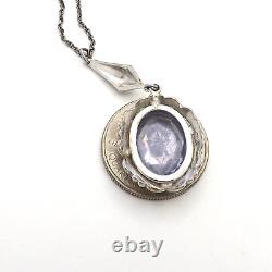 Speidel Art Deco Sterling Silver Amethyst Glass Pendant Necklace Rhodium