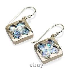 Square Jewish Earrings Sterling Silver with Roman Glass Solid Handmade Jewelry