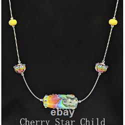 Sterling 925 silver rainbow lampwork glass bead necklace chain BNWT pink blue