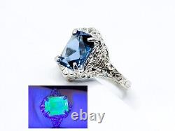 Sterling Blue Uranium Glass Ring Rare Ceylon Color Art Deco Filigree 925 Silver