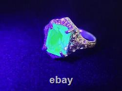 Sterling Blue Uranium Glass Ring Rare Ceylon Color Art Deco Filigree 925 Silver