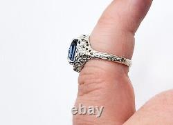 Sterling Blue Uranium Glass Ring Rare Ceylon Color Art Deco Filigree 925 Silver