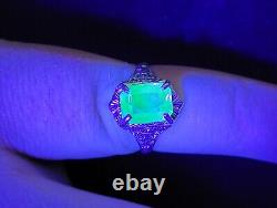 Sterling Blue Uranium Glass Ring Rare Ceylon Color Art Deco Filigree 925 Silver