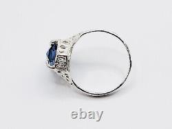 Sterling Blue Uranium Glass Ring Rare Ceylon Color Art Deco Filigree 925 Silver