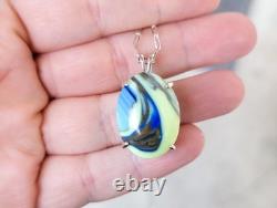 Sterling Houze Factory Slag Uranium Glass Necklace Blue Swirl Pendant 925 Silver
