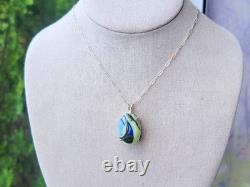 Sterling Houze Factory Slag Uranium Glass Necklace Blue Swirl Pendant 925 Silver