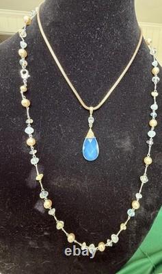 Sterling Moonstne Blue Topaz Pendant 2 Inches and Long Strand W Pearl 2Necklaces