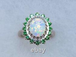 Sterling Opal Uranium Glass Ring Green Halo 925 Silver