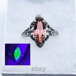Sterling Pink Uranium Glass Ring Marquise Cut Filigree Patina 925 Silver